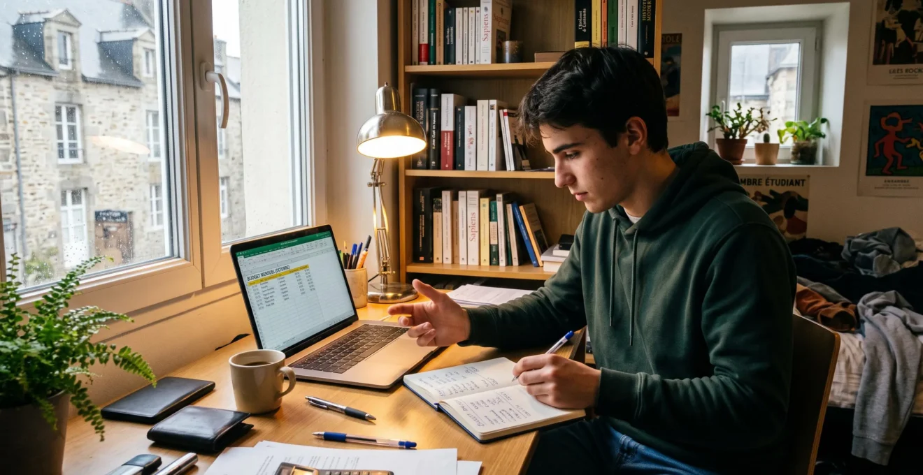 Étudiant assis à son bureau dans sa chambre universitaire, travaillant sur son ordinateur portable tout en prenant des notes pour organiser son budget