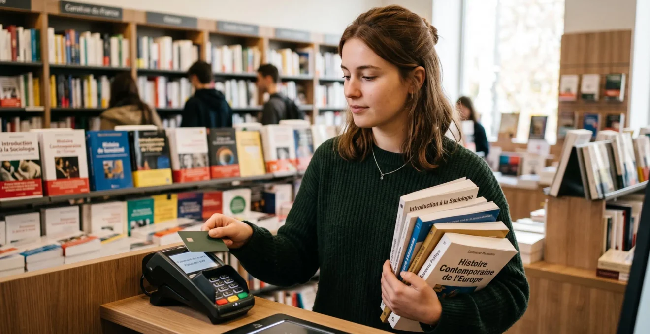 Jeune étudiante effectuant un paiement sans contact avec sa carte bancaire dans une librairie universitaire