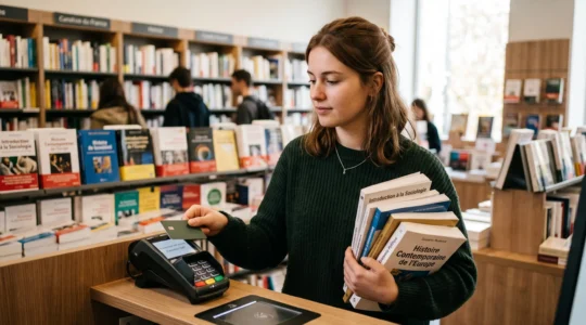 Jeune étudiante effectuant un paiement sans contact avec sa carte bancaire dans une librairie universitaire