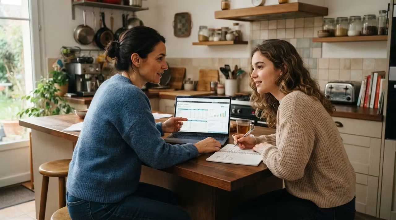 Mère et fille assises ensemble devant un ordinateur portable discutant de questions financières dans une cuisine familiale